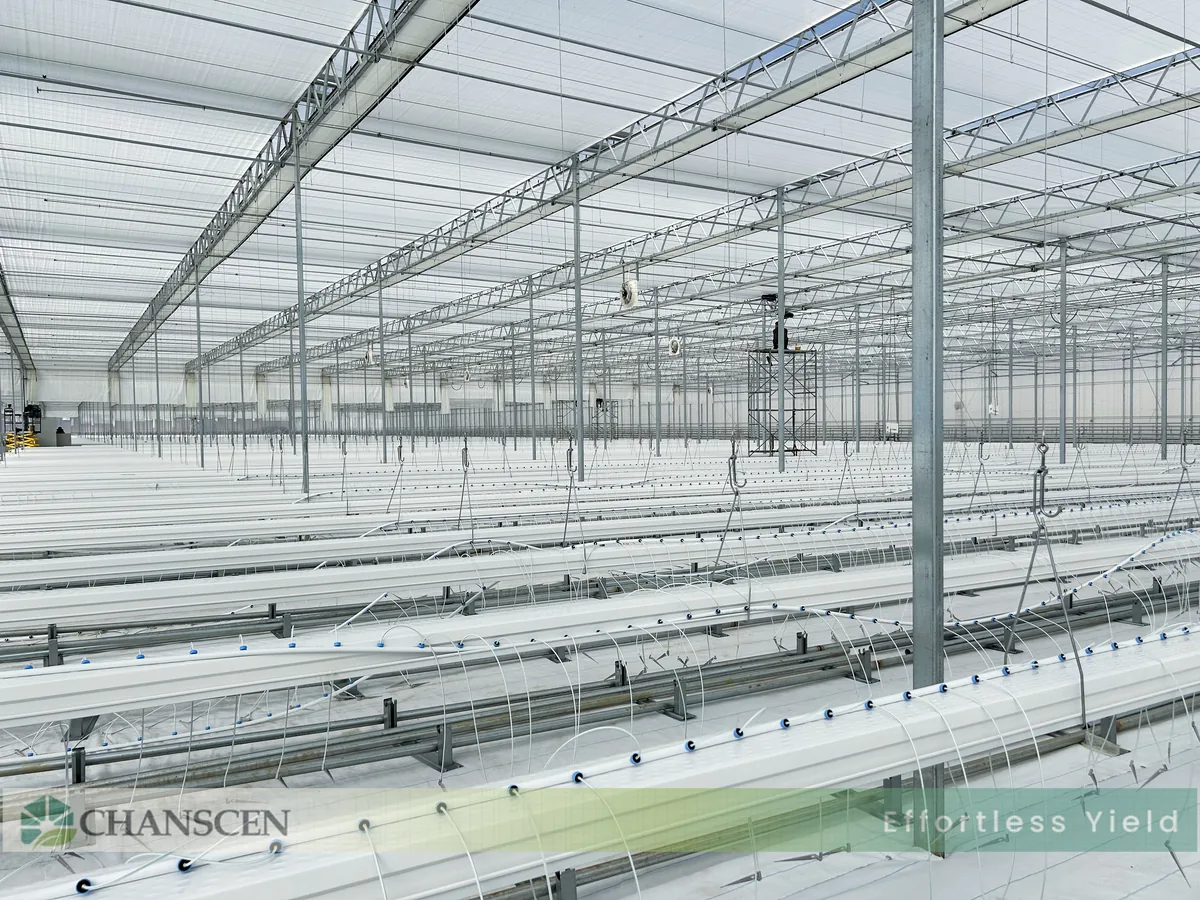 Chanscen greenhouse system installation with branded exhibition overlay