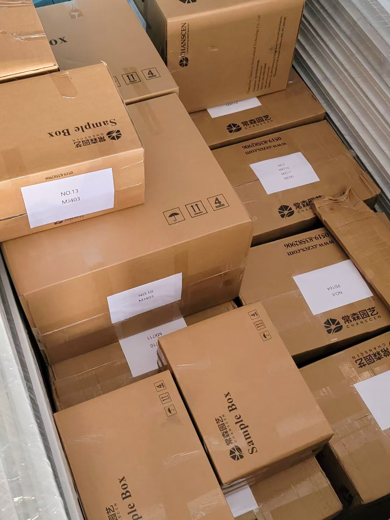 Chanscen branded sample boxes and packaged greenhouse components