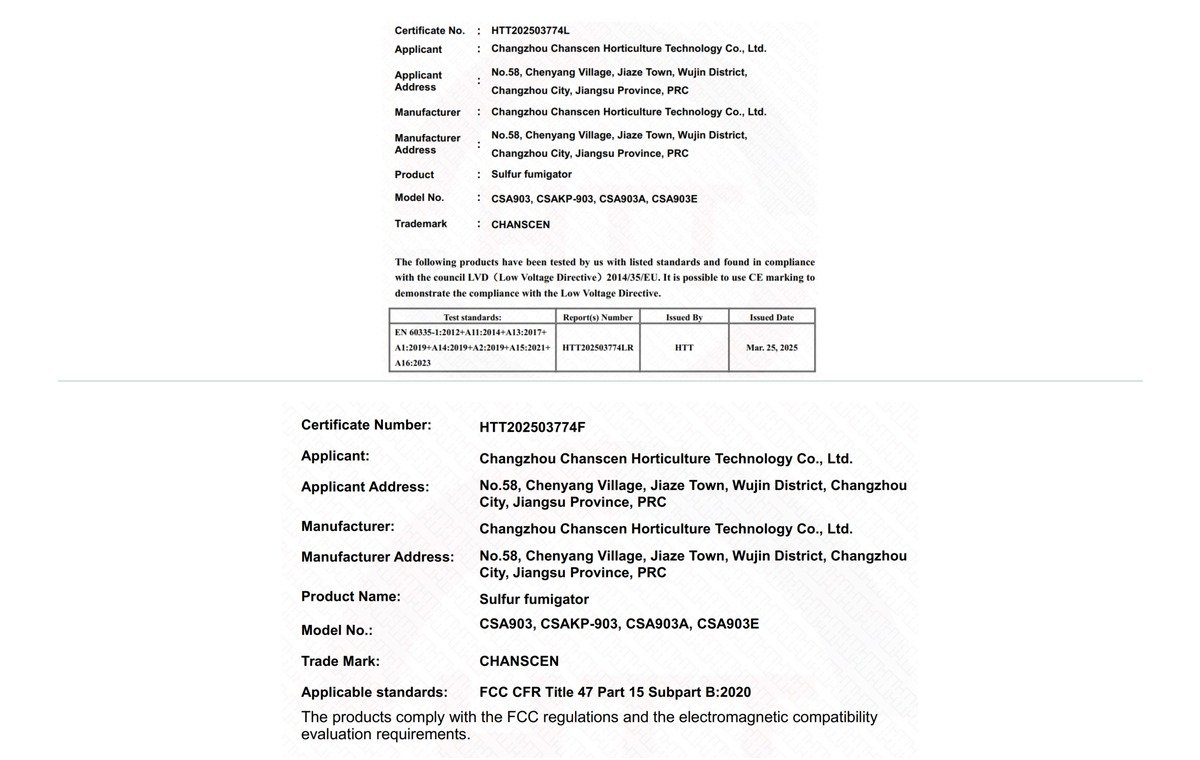 CE LVD and FCC certification records for Chanscen sulfur fumigator