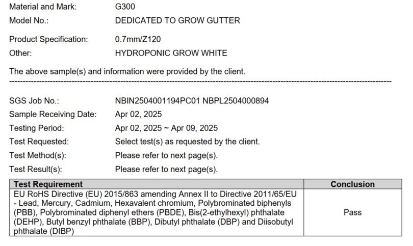 SGS RoHS test result detail for greenhouse growing system material